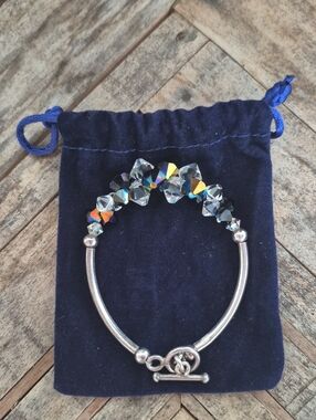 Silver-Tone Toggle Bracelet with Iridescent Crystal Accents - Blue